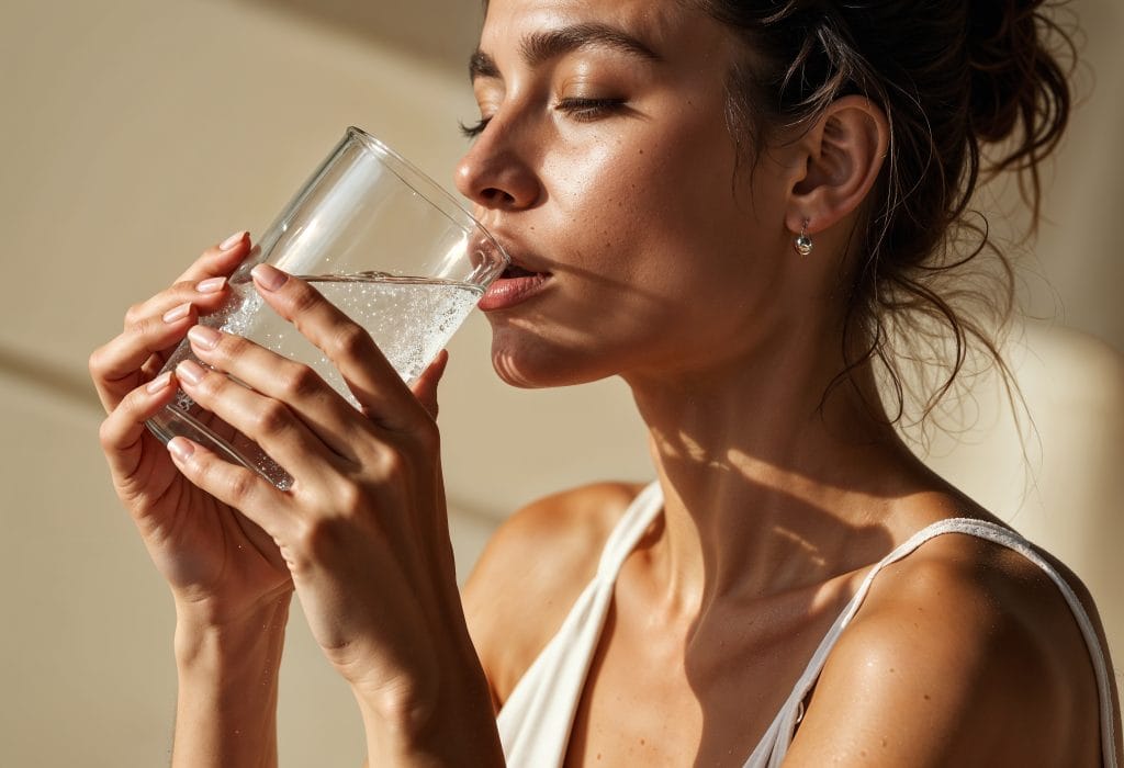 Femme s’hydratant avec un verre d’eau
