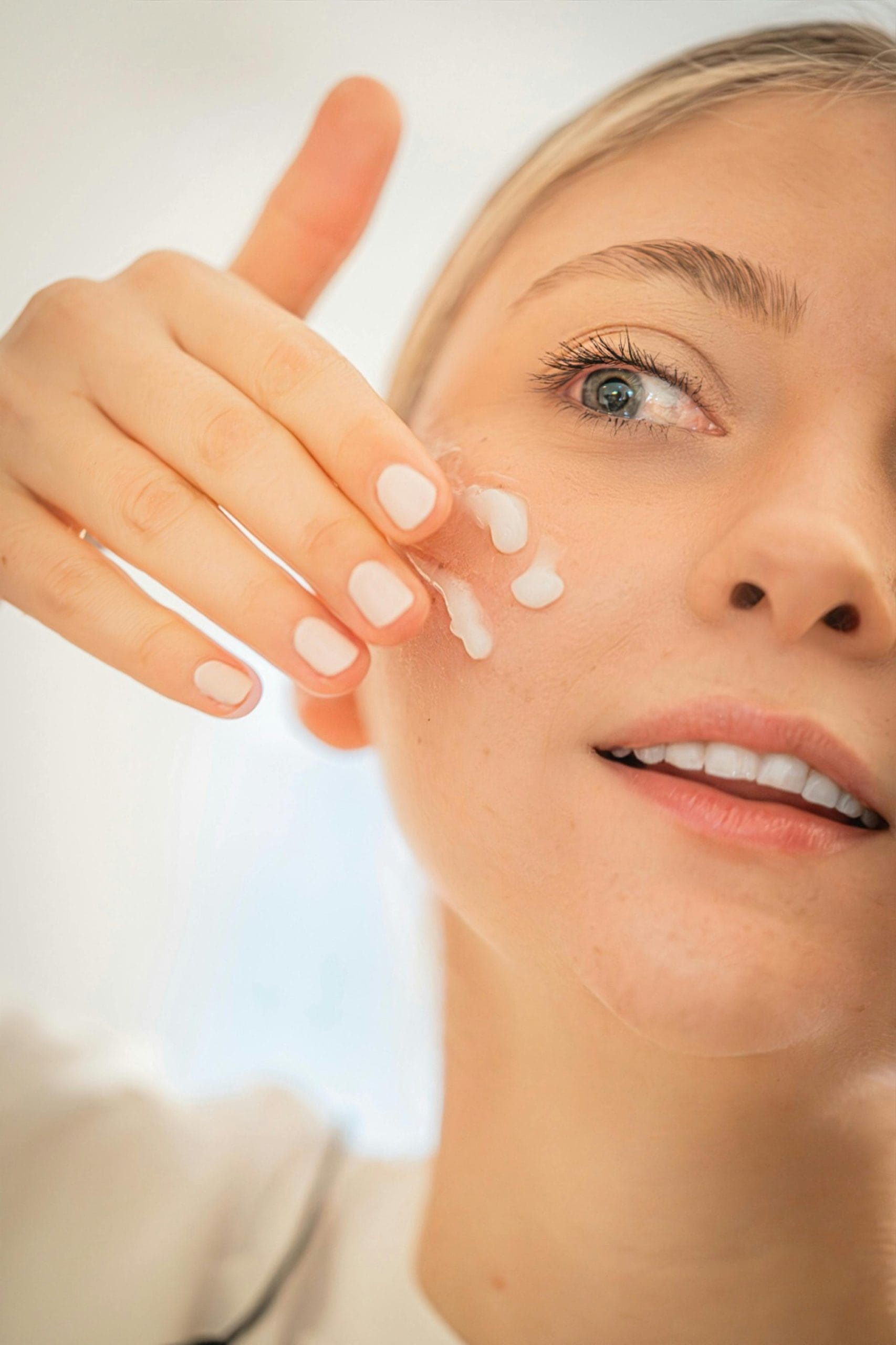 femme s'appliquant de la crème sur le visage